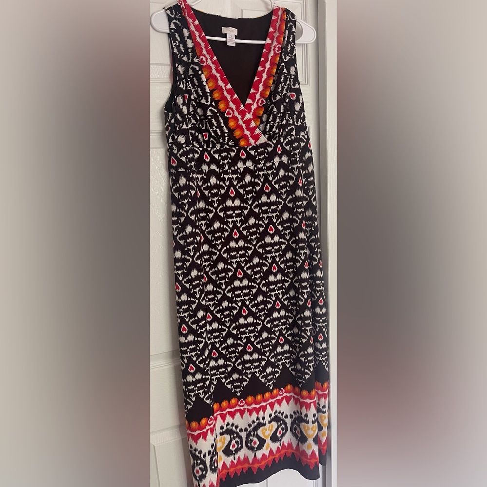 Chico's Black White Orange Red Sleeveless Dress Aztec MAXI Sz 8 Medium Tribal